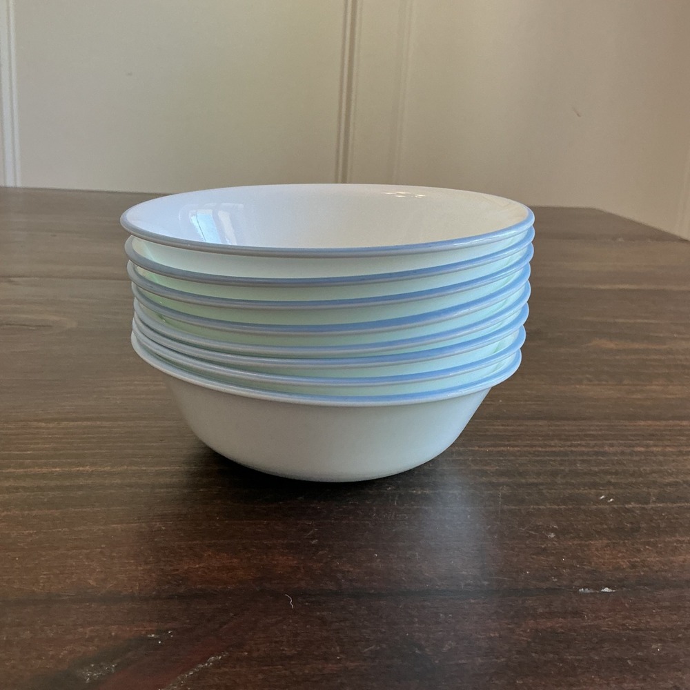 Corelle Vitrelle White Blue Rim Cereal Bowls Set of 8 Made in USA 6.25 inch